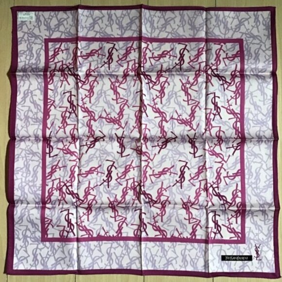 New Yves Saint Laurent Bandana Handkerchief Scarf YSL Logo All Over Purple - Picture 2 of 3